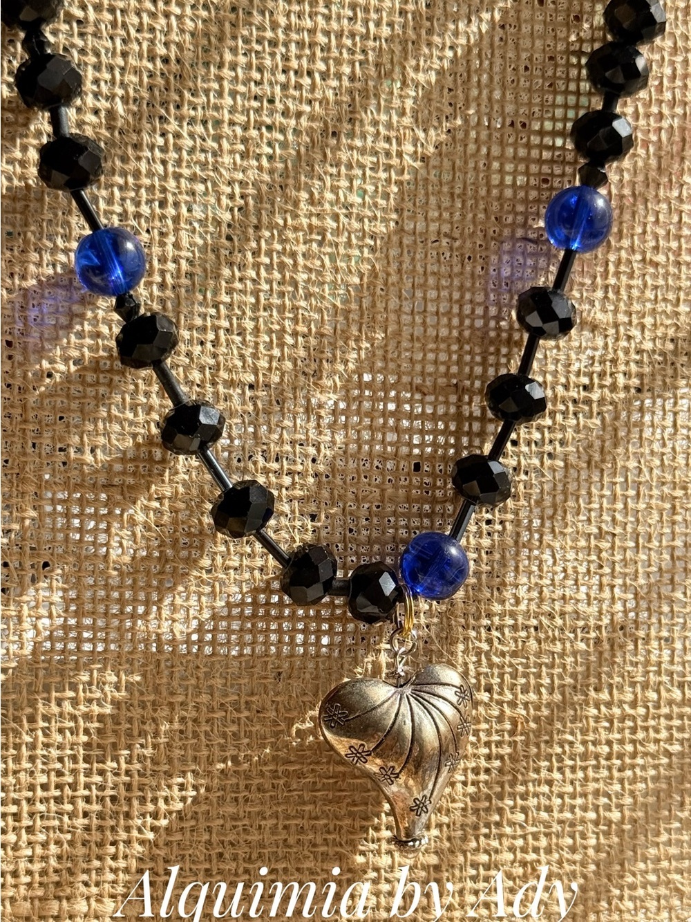 COASTAL COWGIRL Black and Blue Beaded Necklace with Silver Heart Pendant